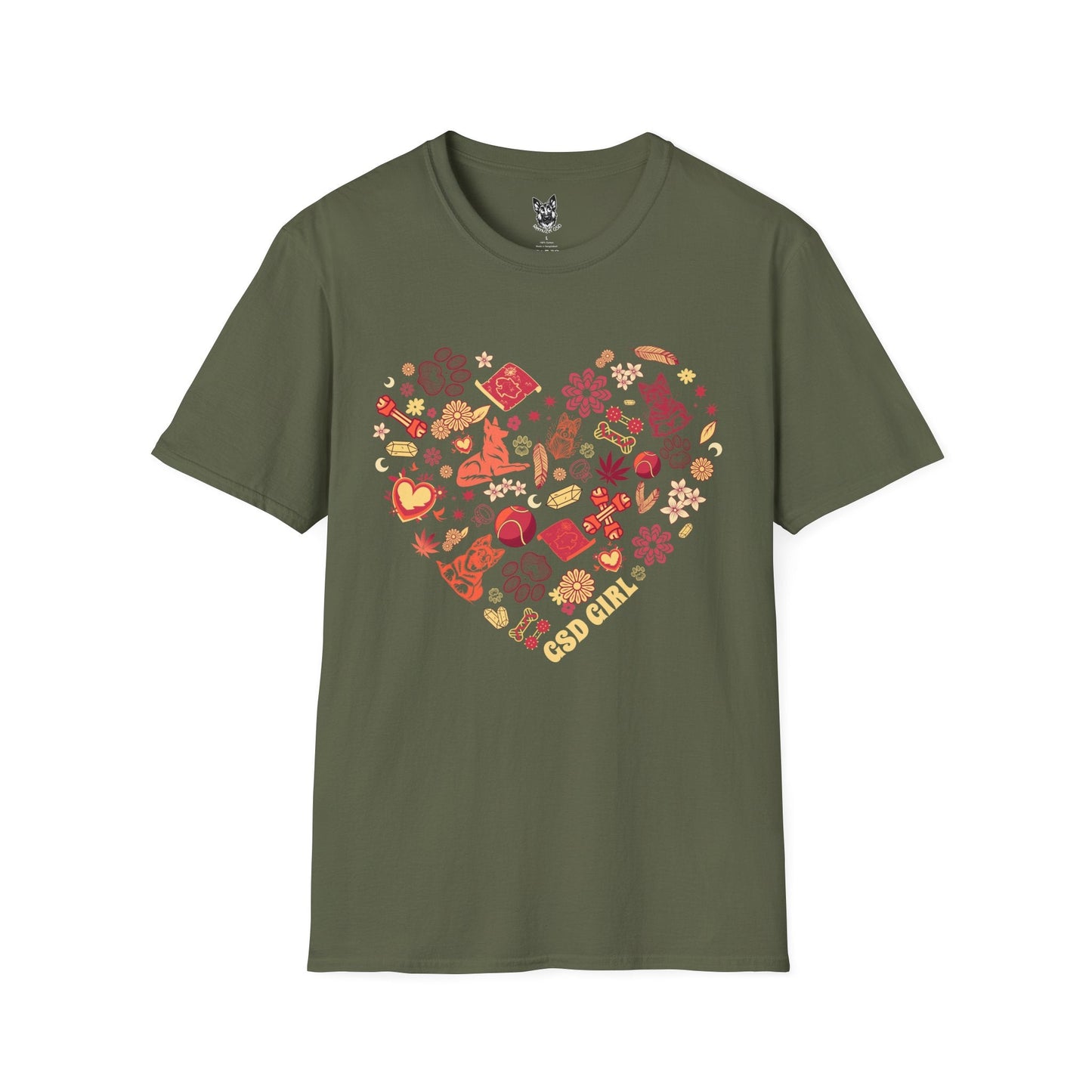 T-Shirt Military Green / S Boho GSD Girl – Cute German Shepherd T-Shirt (UK)