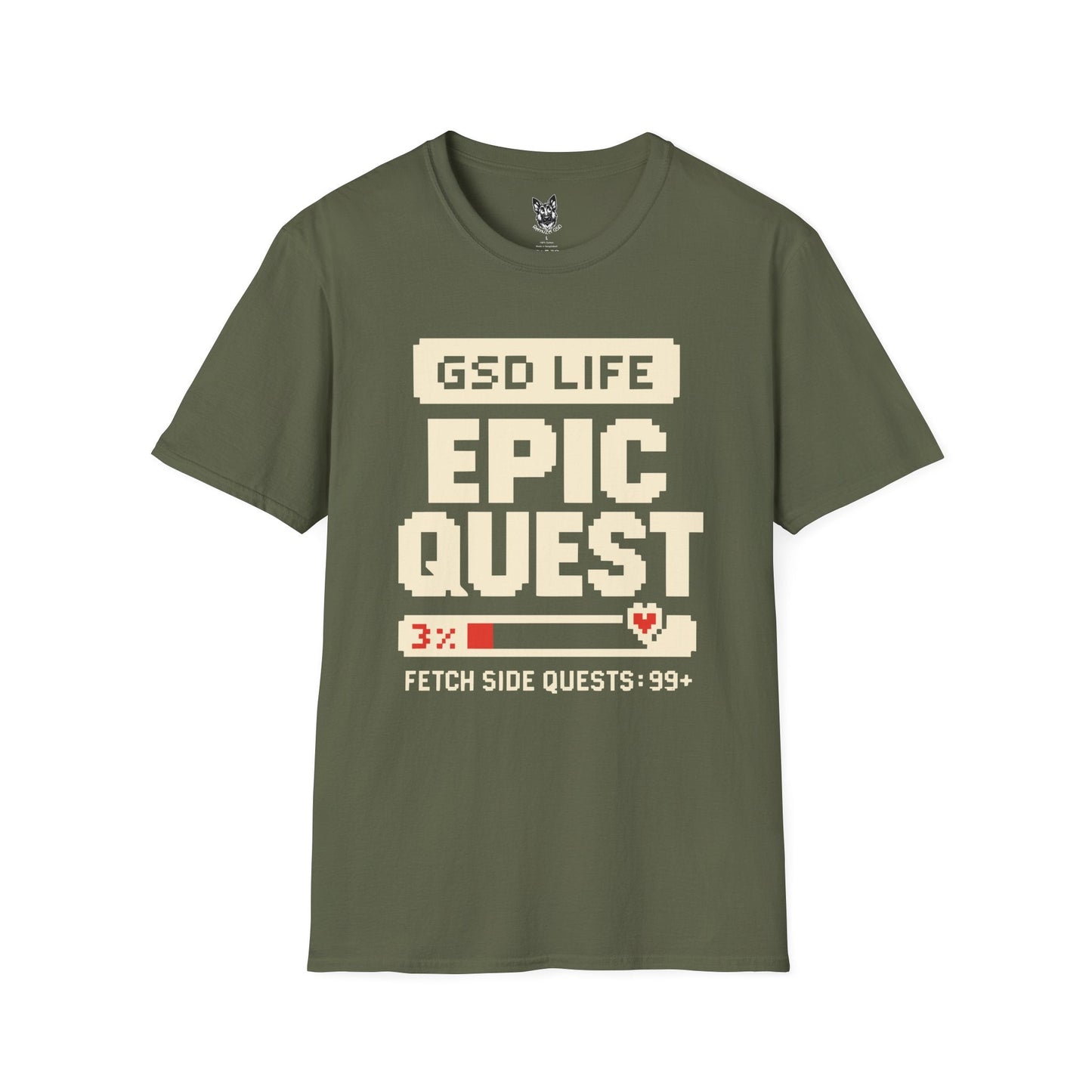 T-Shirt Military Green / S Epic Quest Mode – Gamer German Shepherd T-Shirt (UK)