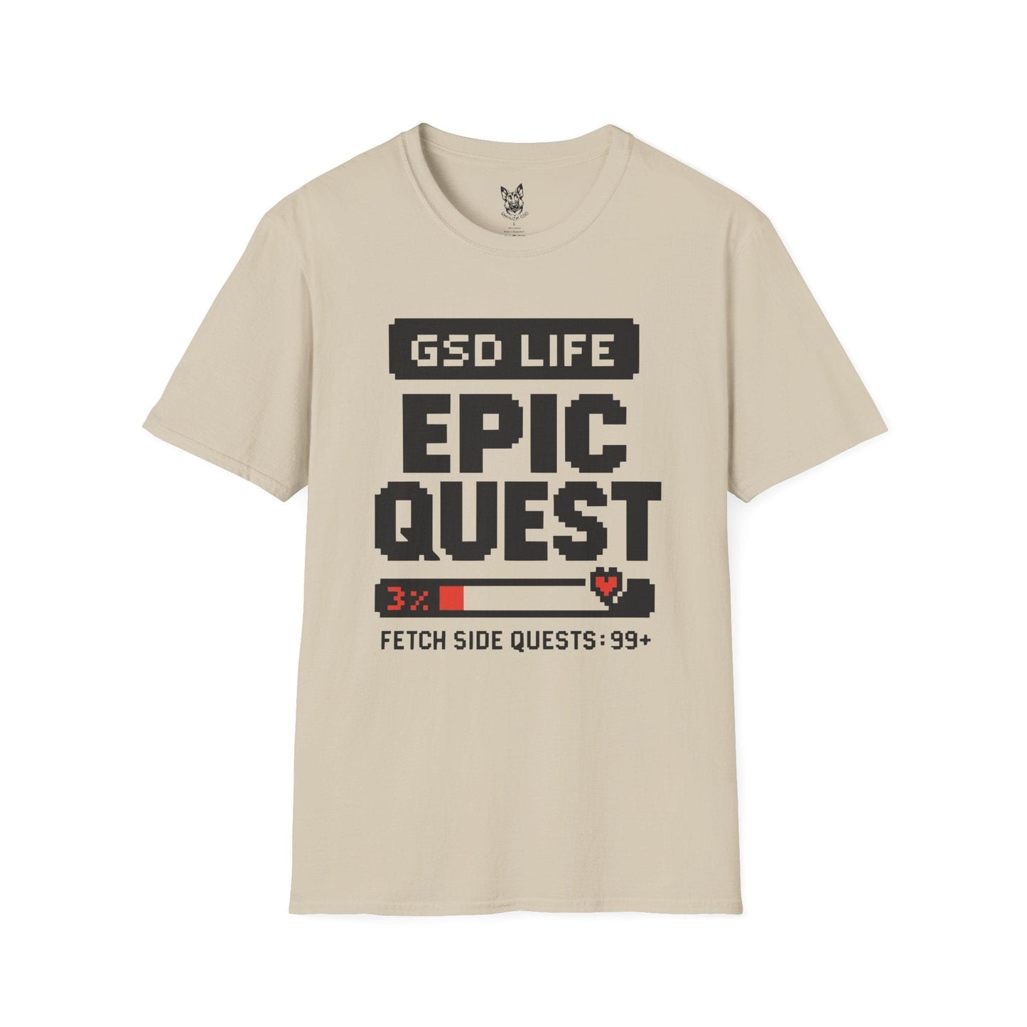 T-Shirt Sand / S Epic Quest Mode – Gamer German Shepherd T-Shirt (UK)
