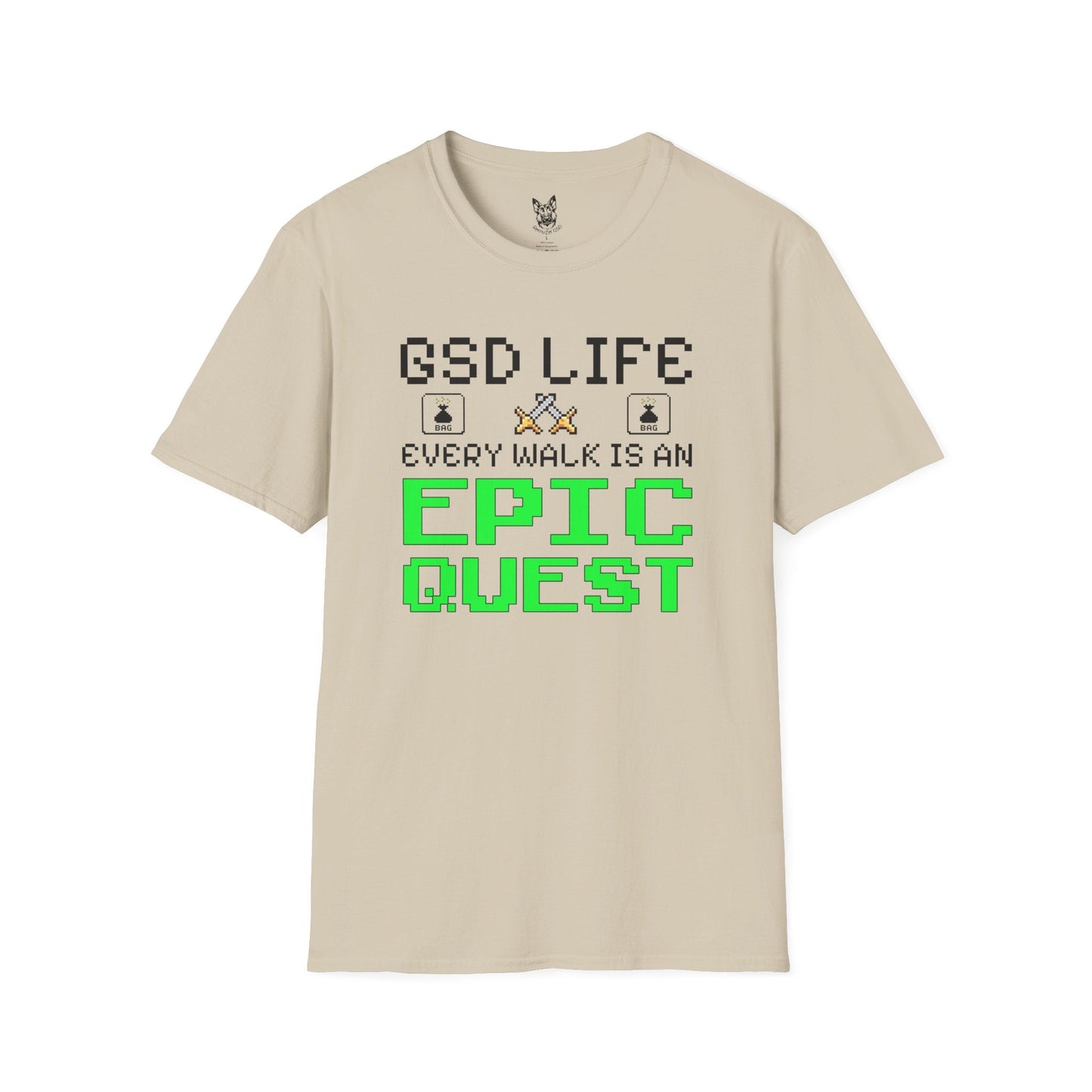T-Shirt Sand / S Epic Quest Walks – Gamer German Shepherd T-Shirt (UK)