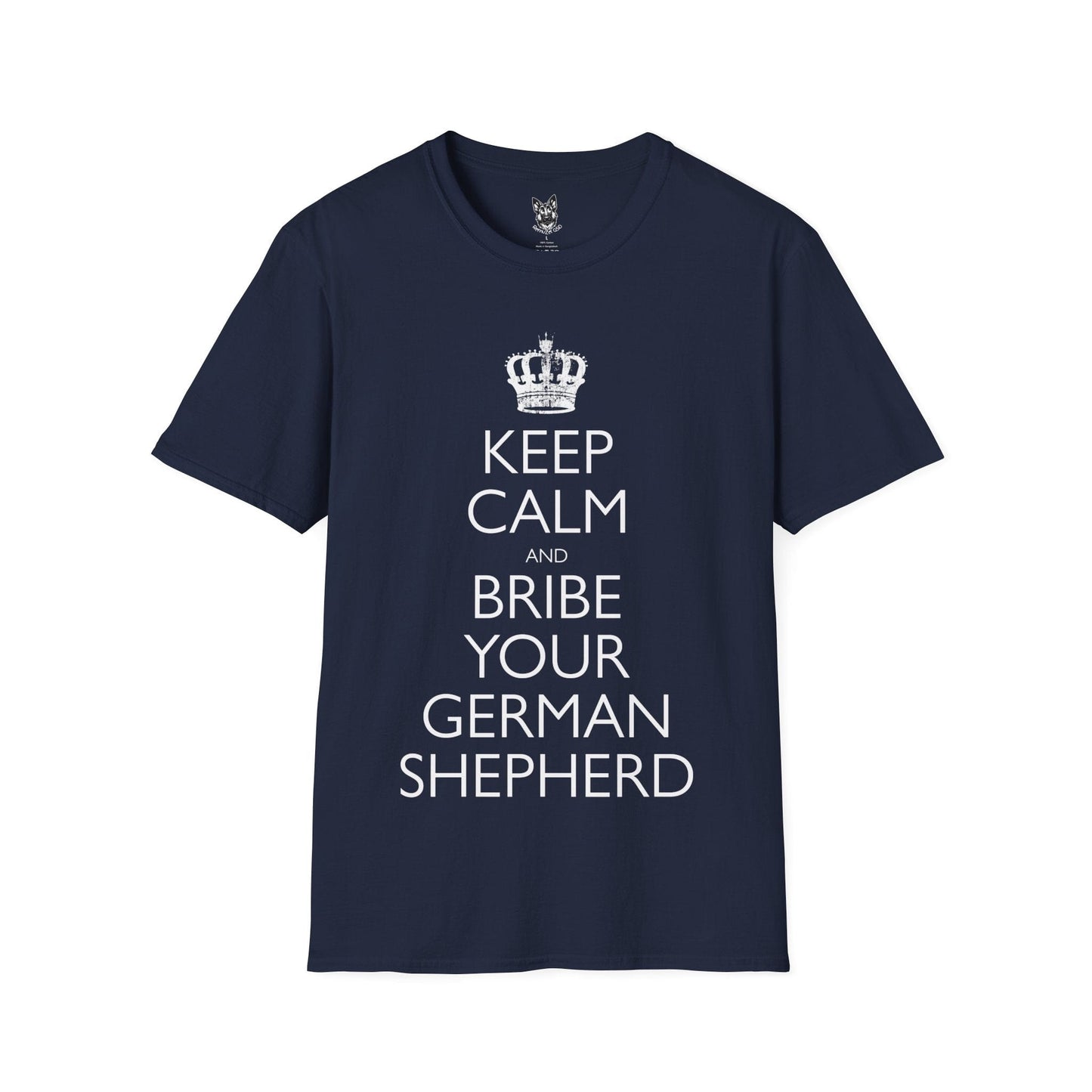 T-Shirt Navy / S Keep Calm and Bribe – Funny German Shepherd T-Shirt (UK)