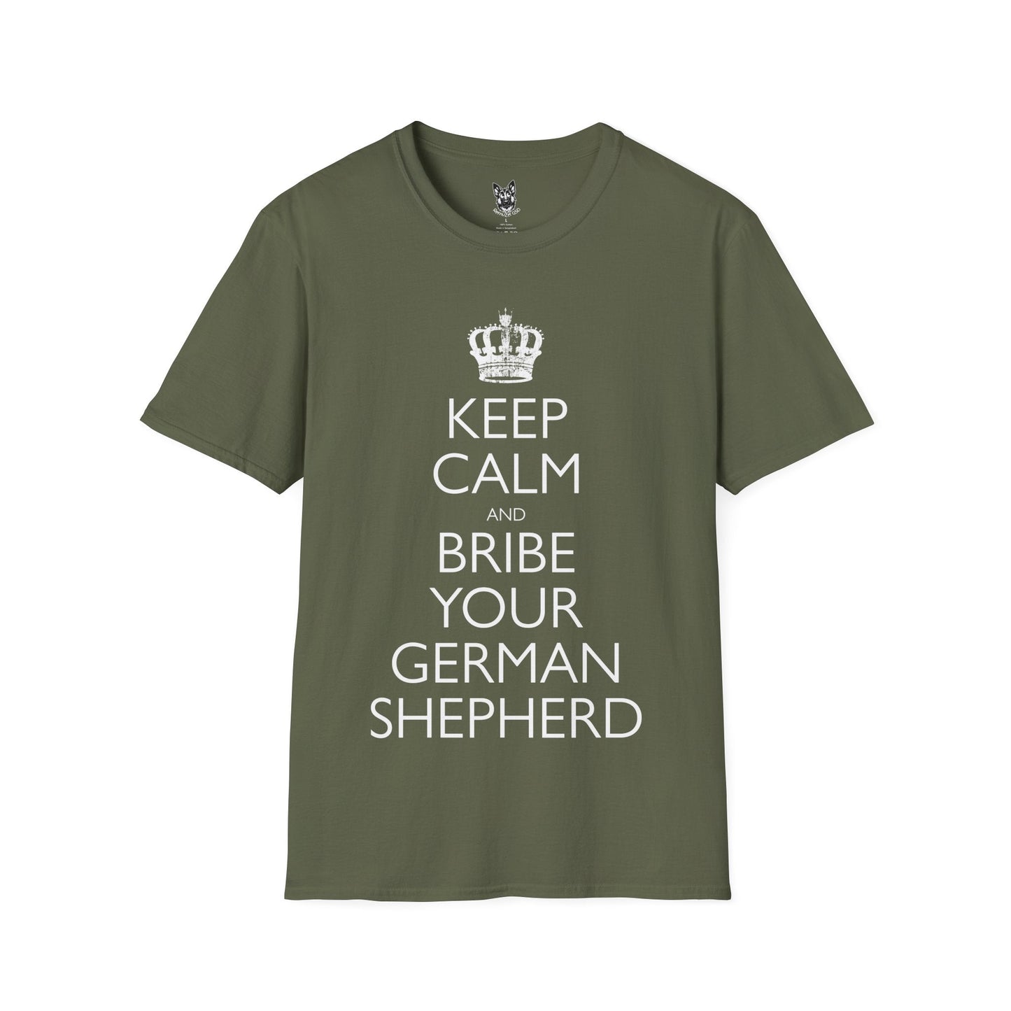 T-Shirt Military Green / S Keep Calm and Bribe – Funny German Shepherd T-Shirt (UK)