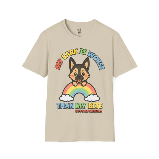 T-Shirt Sand / S My Bark Is Worse – Cheeky German Shepherd T-Shirt (UK)